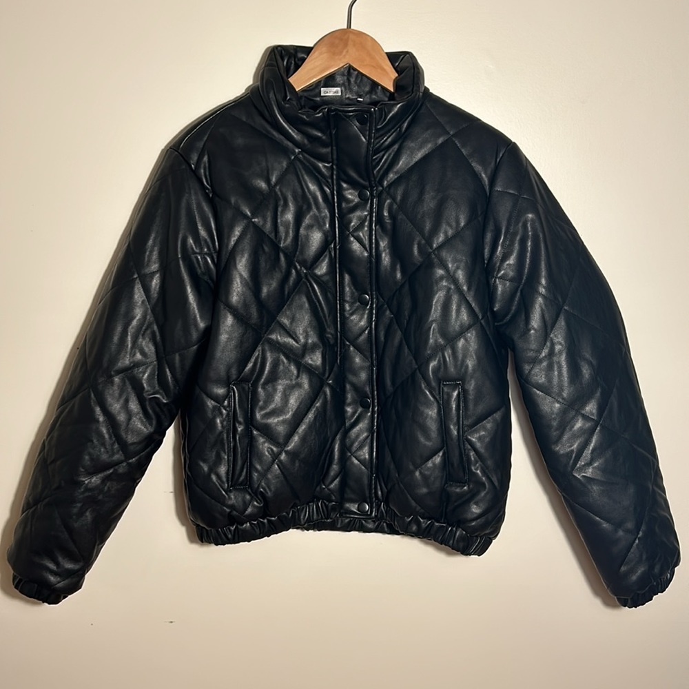 Ci Sono Faux Leather Quilted Puffer Jacket Womens Black US Size M